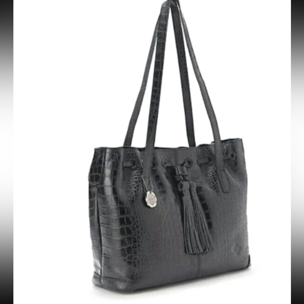 Patricia Nash Leather Drawstring Witney Tote‎ in black croc-embossed leather